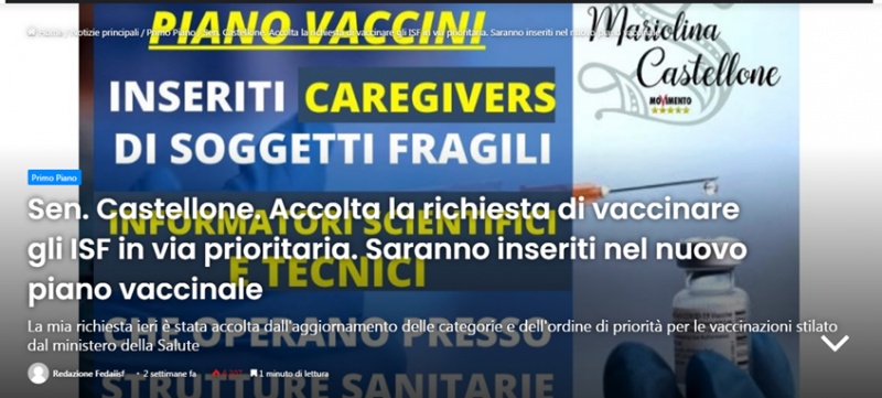 ΙΤΑΛΙΑ - Γερουσιαστής Castellone : -Έγινε δεκτό το αίτημα να εμβολιαστούν οι «Επιστημονικοί Συνεργάτες στο Φάρμακο» κατά προτεραιότητα.